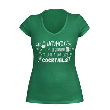 Green VNeck T-shirt featuring the text 'WooHoo It's beginning to look a lot like Cocktails,' accompanied by various cocktail glasses. Designed by WooHoo Apparel.